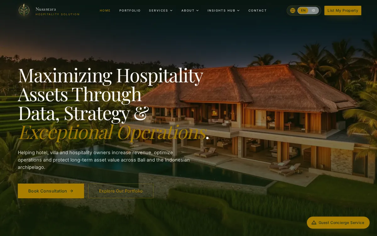 Nusantara Hospitality website homepage designed by Aruna Digital